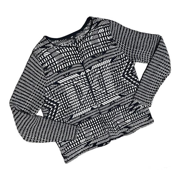 H&M GEO PATTERN OPEN FRONT BLACK & WHITE KNIT CARDIGAN SIZE M MEDIUM - Picture 1 of 12